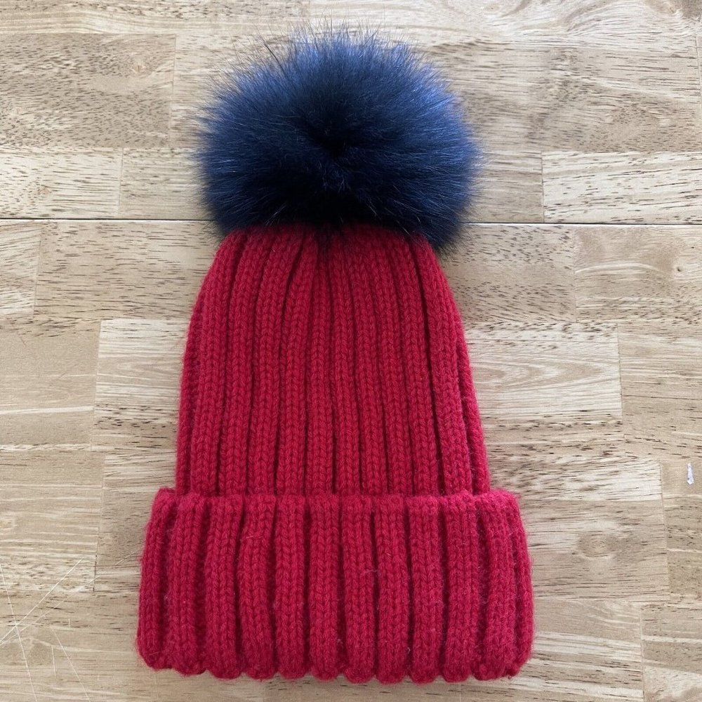 Winter Beanie Hat Cap Womens With Fur Pom Pom Red Black Ribbed